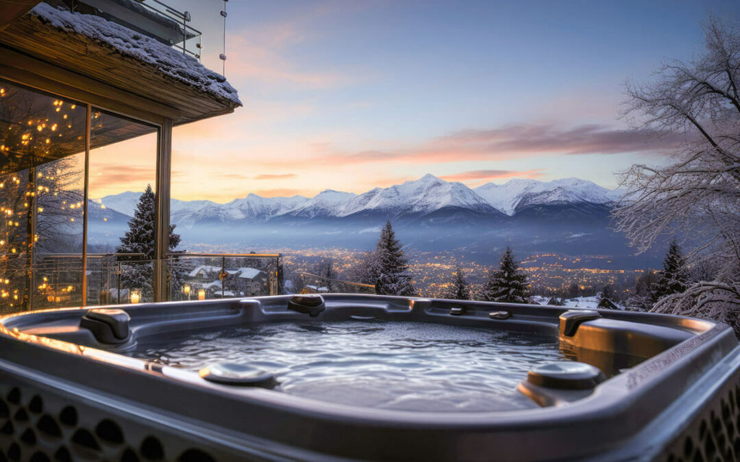 Hot bubbling tub with view of snow-covered mountain peaks