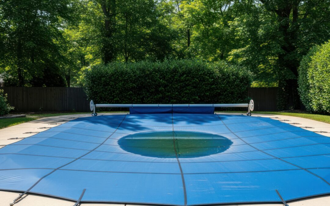 Blue pool cover over a backyard pool